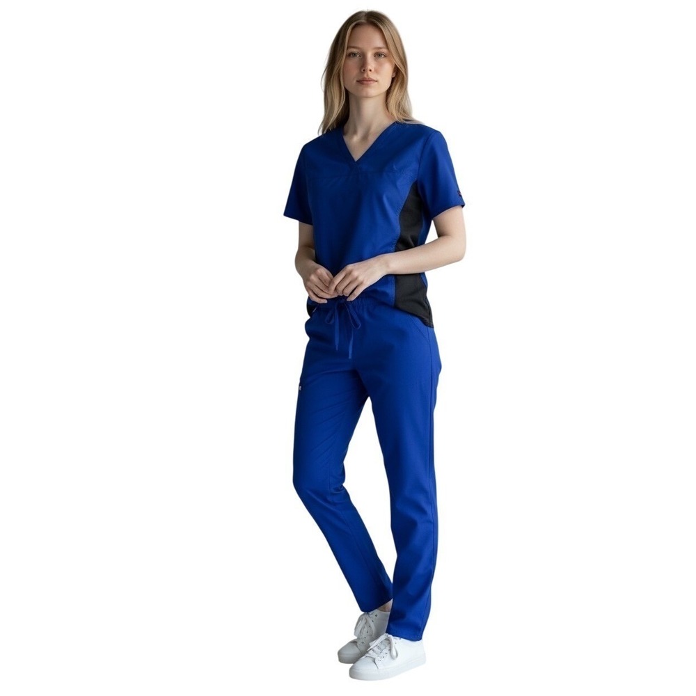 Melrose Scrubs with Style Royal Blue Black V Neck Top Pants Set 2X